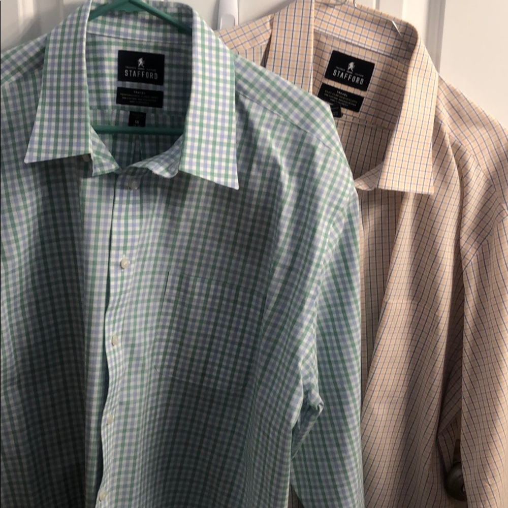 Two, spring-plaid, men’s Stanford dress shirts